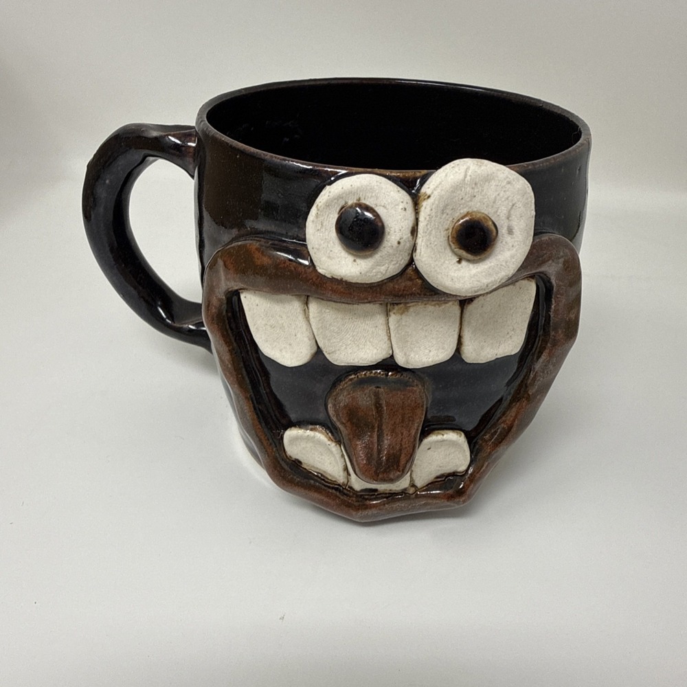 Ug Chug Pottery Mug 3D Toothy Monster Face Brown Stoneware Coffee Cup Sign 2014